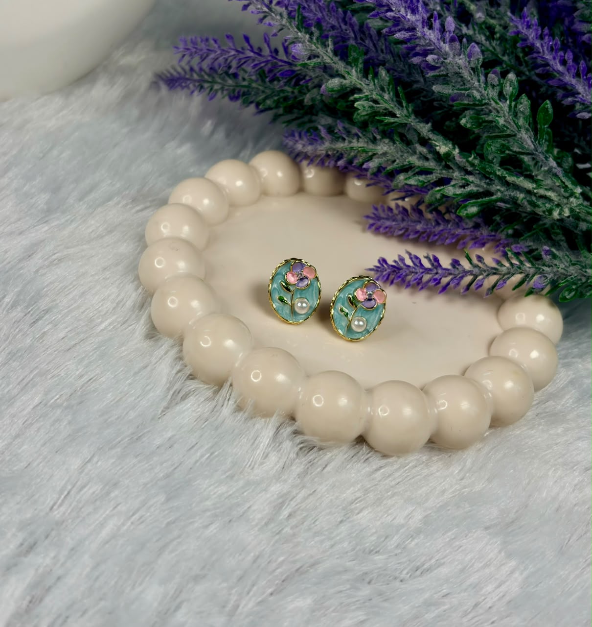 Mint Floral Pearl Oval Studs